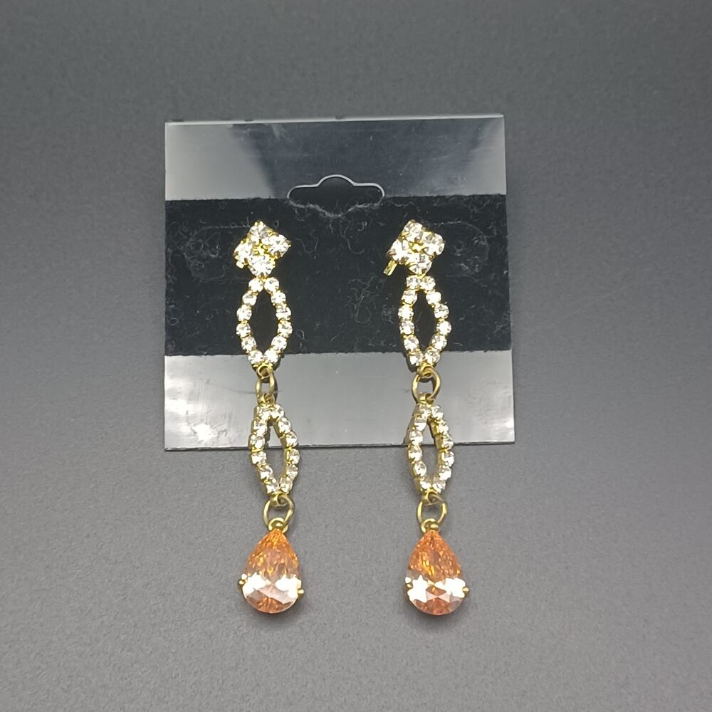 Gold Tone Dangle Drop Earrings Peach Pink Teardrop Crystal Prom Bridal